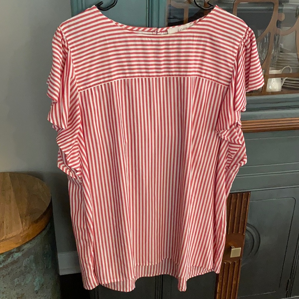 —LOFT— Red Stripe Blouse Flutter Sleeve Top